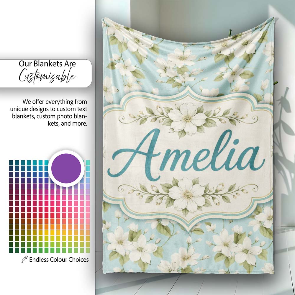 Light Blue Background Delicate White Flower Branch Pattern Botanical Personalised Custom Name Super Soft Fleece Blanket Bed Sofa Throw