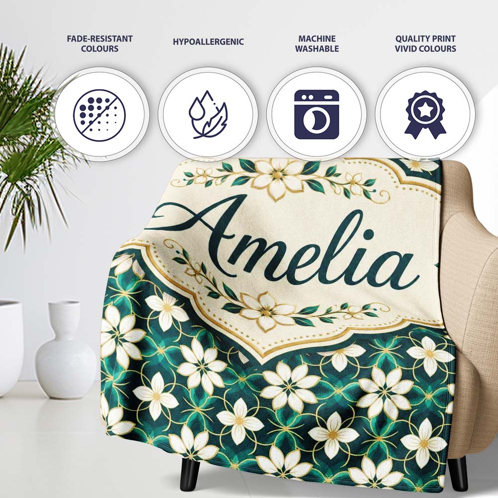 Elegant White Floral Lattice on Teal Geometric Background Seamless Personalised Custom Name Super Soft Fleece Blanket Bed Sofa Throw