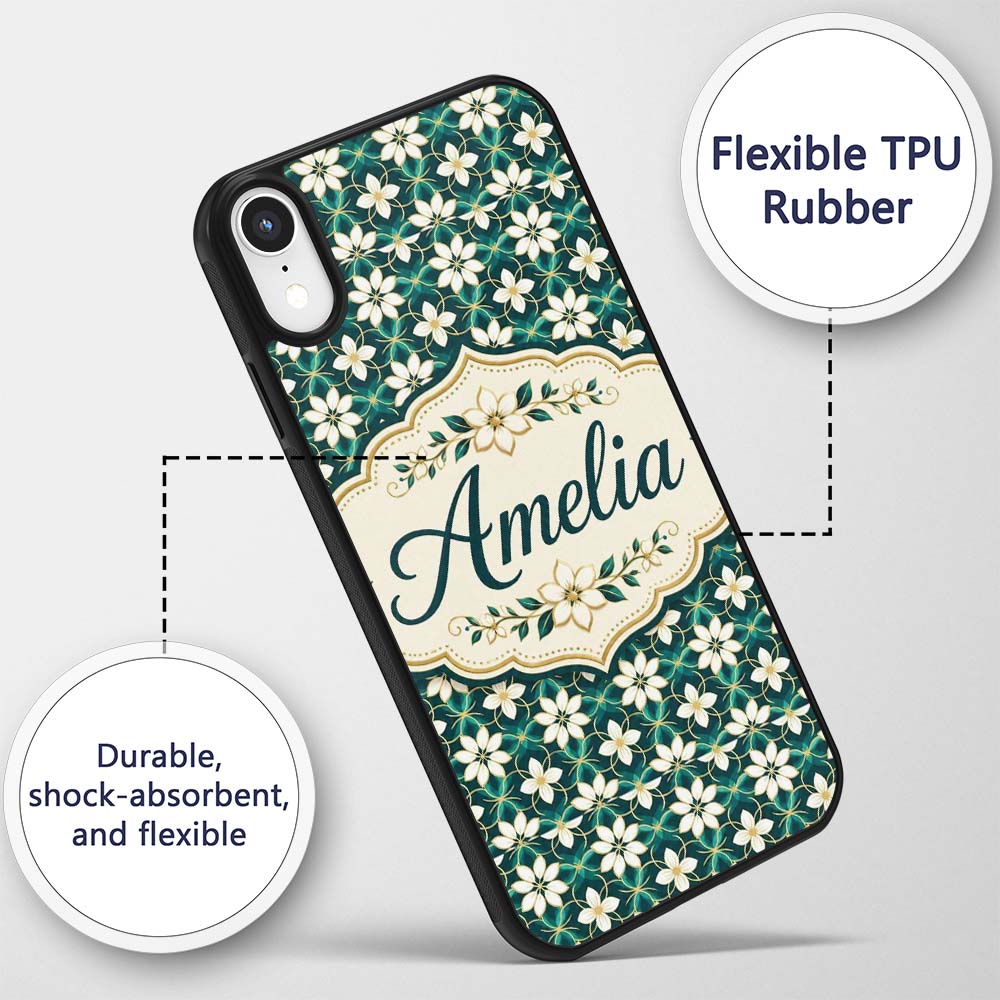 Elegant White Floral Lattice on Teal Geometric Custom Name Protective Phone Case Mobile Cover Durable Everyday Smartphone Shock Resistant