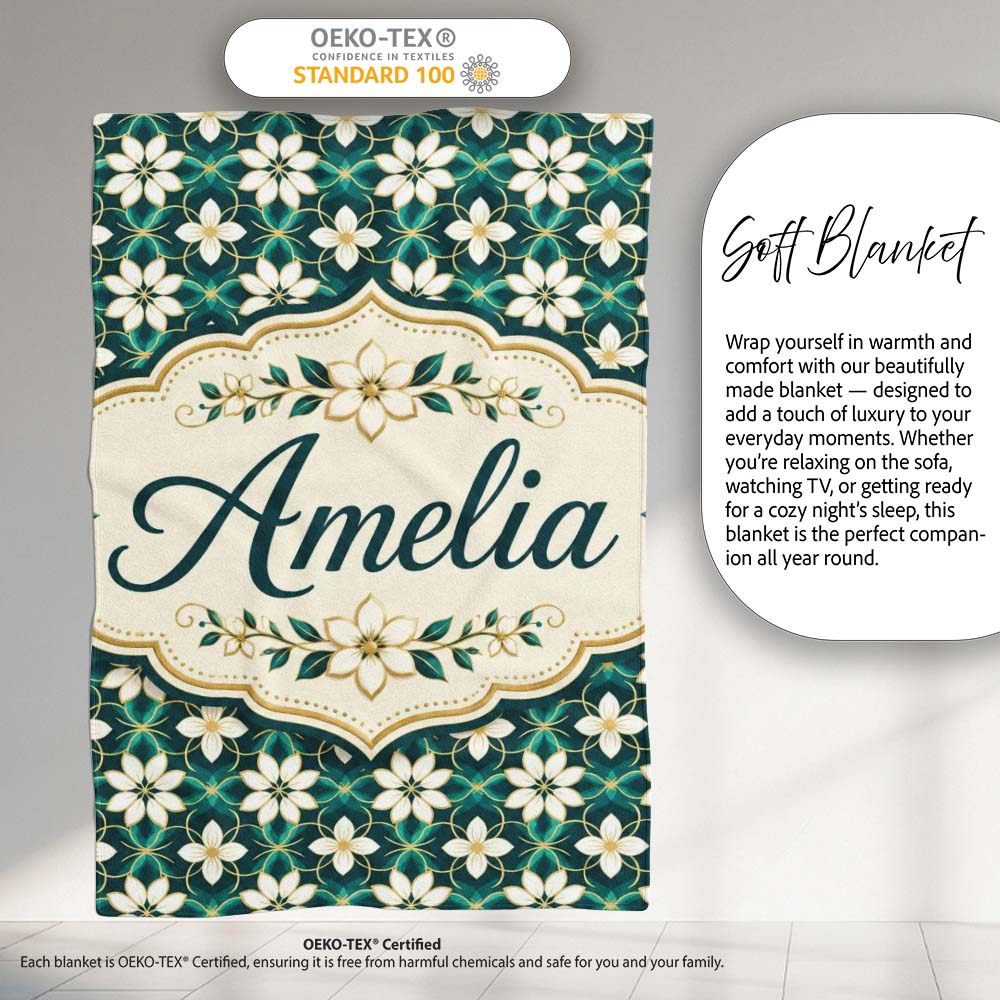 Elegant White Floral Lattice on Teal Geometric Background Seamless Personalised Custom Name Super Soft Fleece Blanket Bed Sofa Throw
