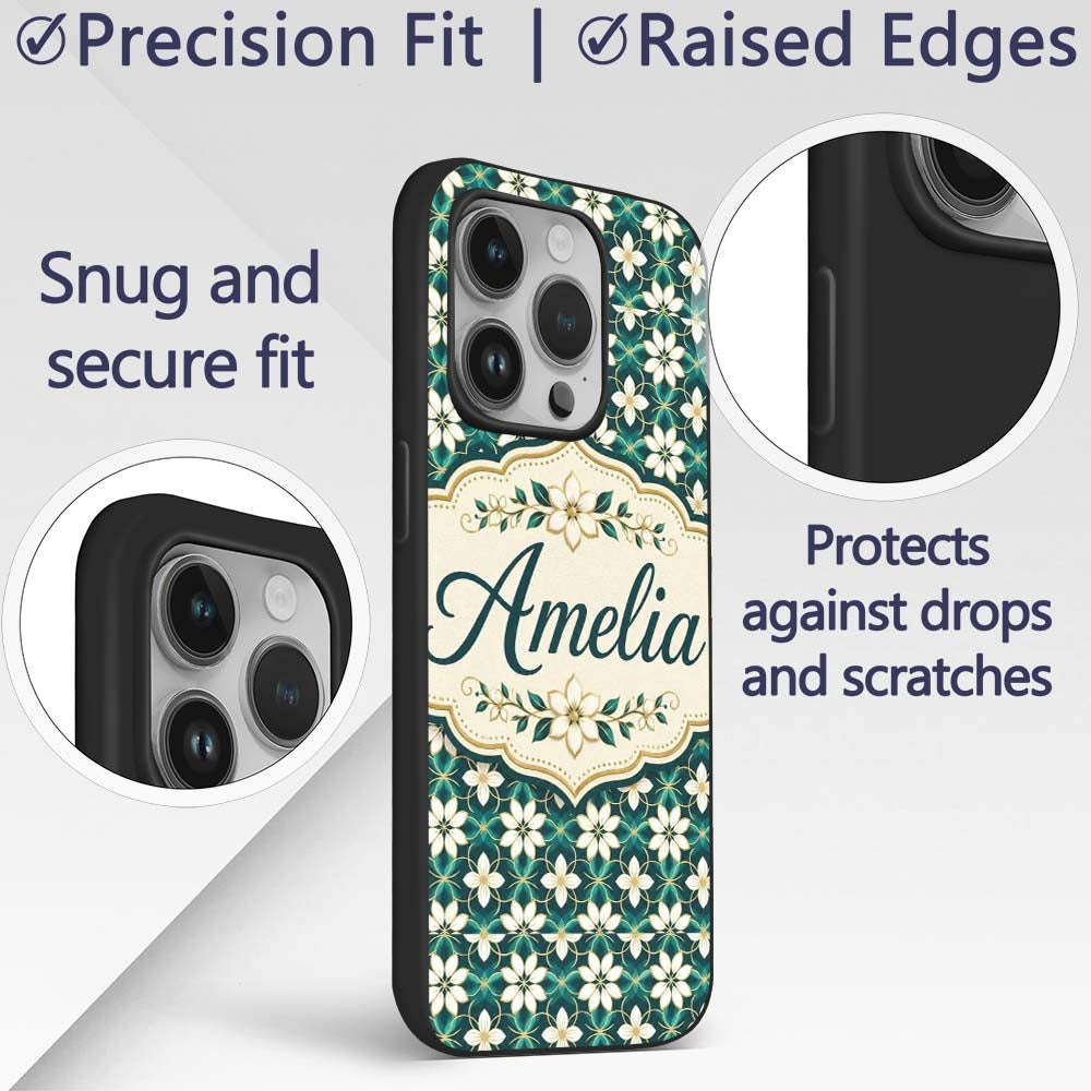 Elegant White Floral Lattice on Teal Geometric Custom Name Protective Phone Case Mobile Cover Durable Everyday Smartphone Shock Resistant