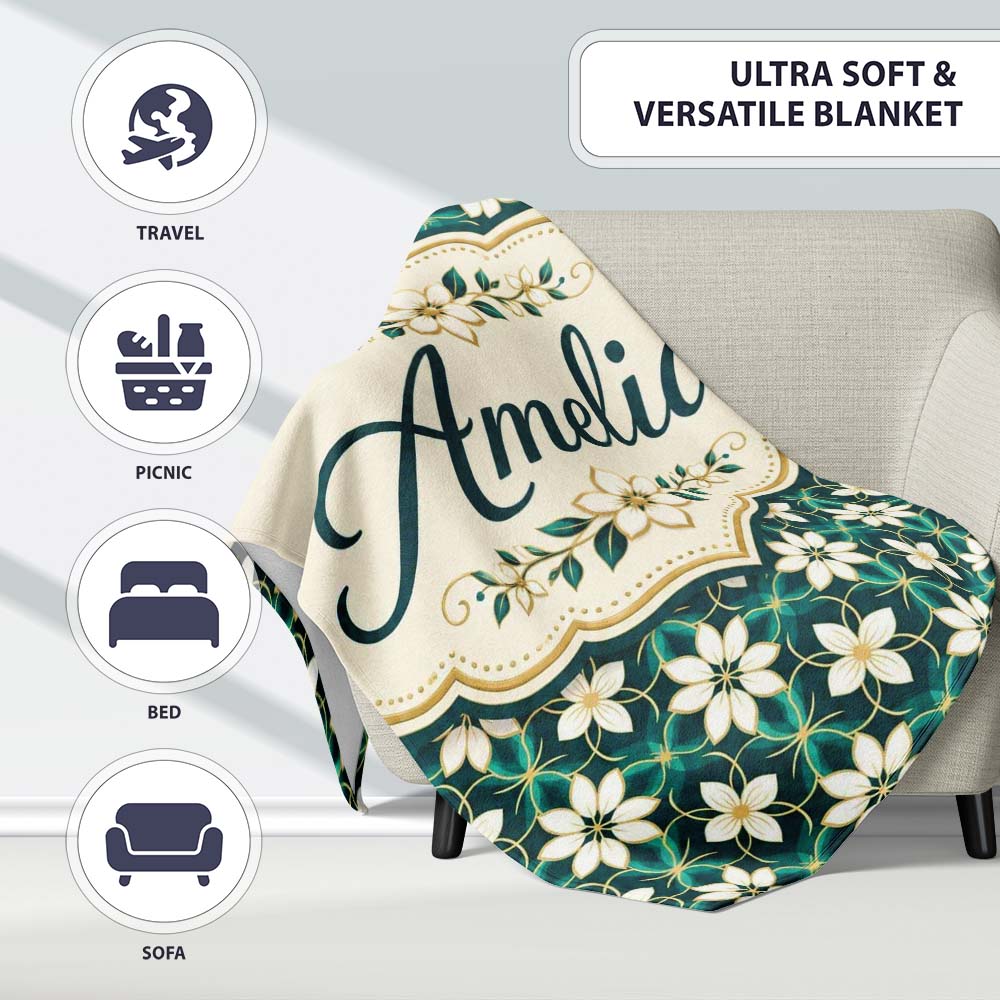 Elegant White Floral Lattice on Teal Geometric Background Seamless Personalised Custom Name Super Soft Fleece Blanket Bed Sofa Throw