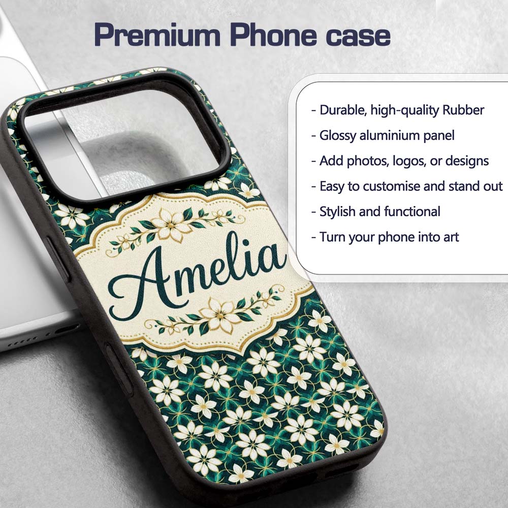 Elegant White Floral Lattice on Teal Geometric Custom Name Protective Phone Case Mobile Cover Durable Everyday Smartphone Shock Resistant