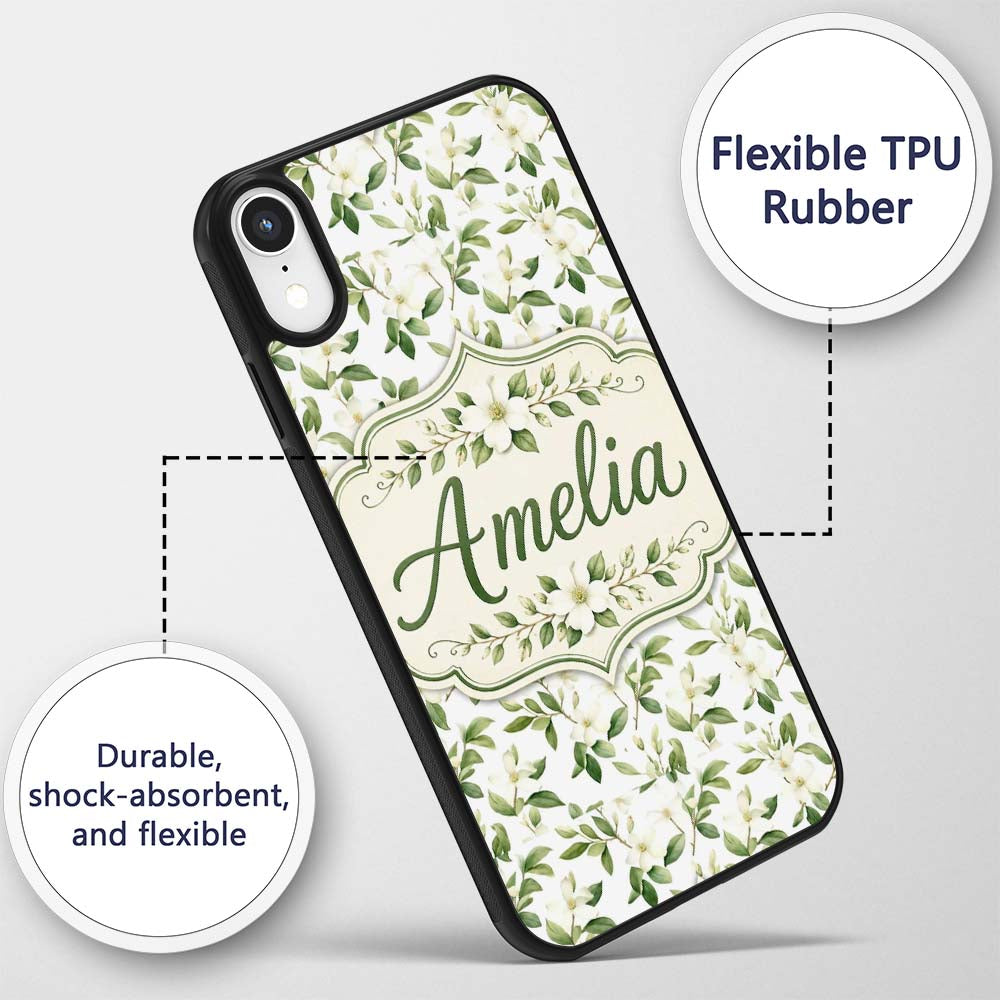 Elegant White Blossom Floral Branch Pattern on Custom Name Protective Phone Case Mobile Cover Durable Everyday Smartphone Shock Resistant
