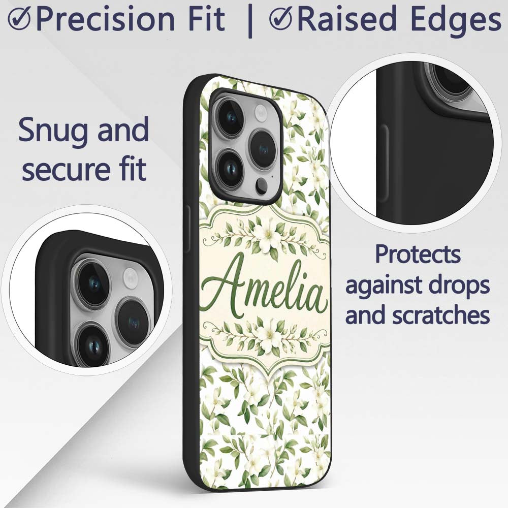 Elegant White Blossom Floral Branch Pattern on Custom Name Protective Phone Case Mobile Cover Durable Everyday Smartphone Shock Resistant