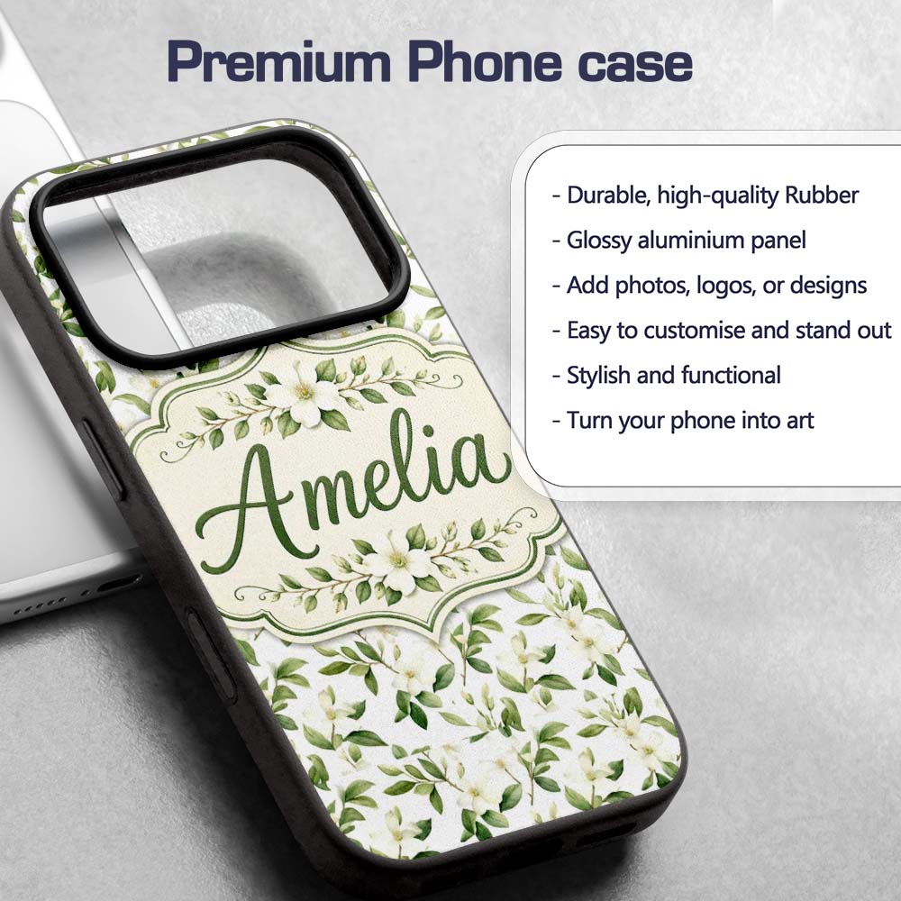 Elegant White Blossom Floral Branch Pattern on Custom Name Protective Phone Case Mobile Cover Durable Everyday Smartphone Shock Resistant