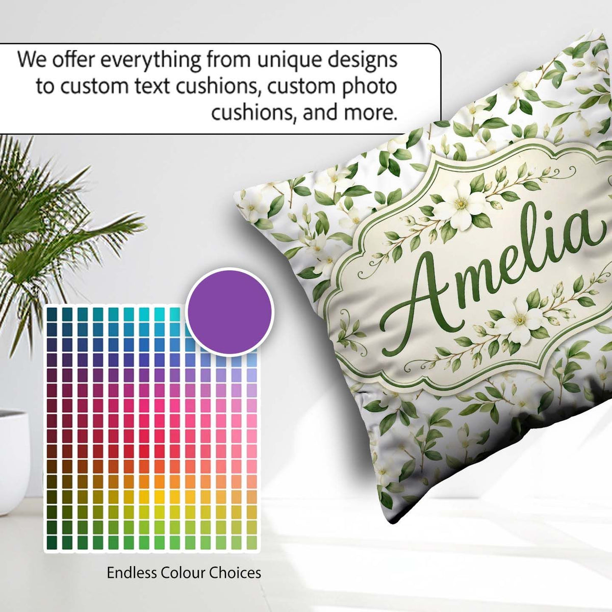 Custom Name Elegant White Blossom Floral Pattern on Soft Neutral Square Filled Cushion Throw Pillow Sofa Bed Home Decor Zip Washable UK Made
