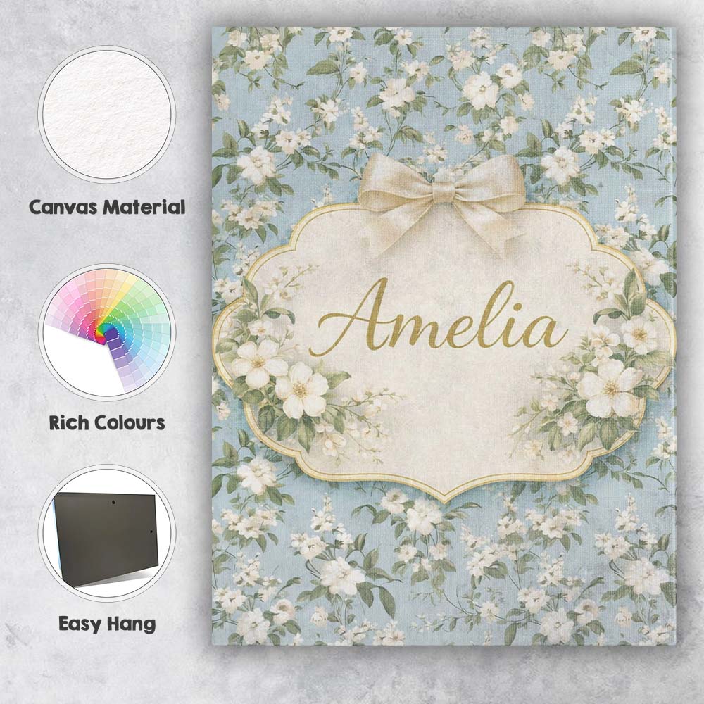 Personalised Name Light Blue Ditsy Floral Small Blossom Repeat Cute Custom Canvas Wall Art Print Decor Picture Ready to Hang