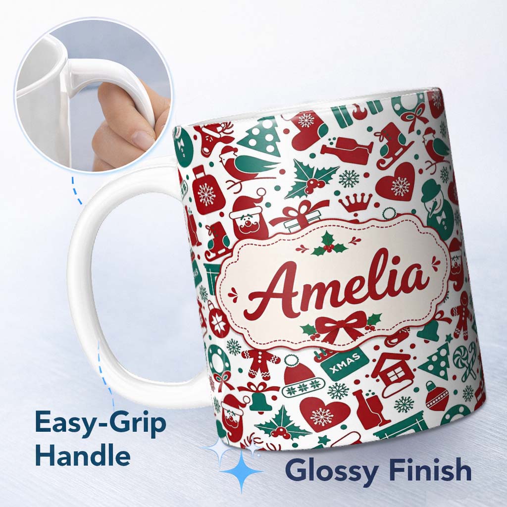 Personalized Custom Name Festive Christmas Santa Gift Snowman Seamless Pattern Lovely 11oz Ceramic Coffee Tea Mug White Large Handle