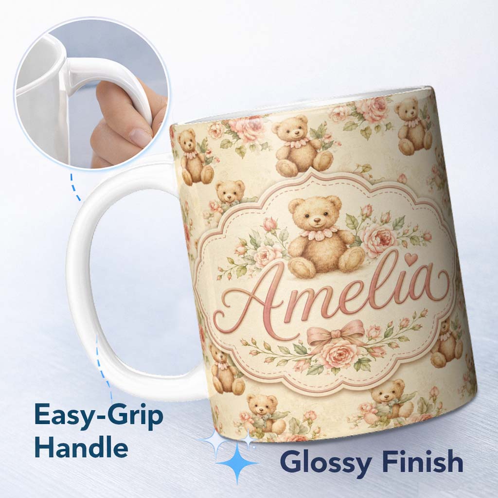 Personalized Custom Name Vintage Teddy Bears with Soft Rose Floral Background Seamless Lovely 11oz Ceramic Coffee Tea Mug White Large Handle