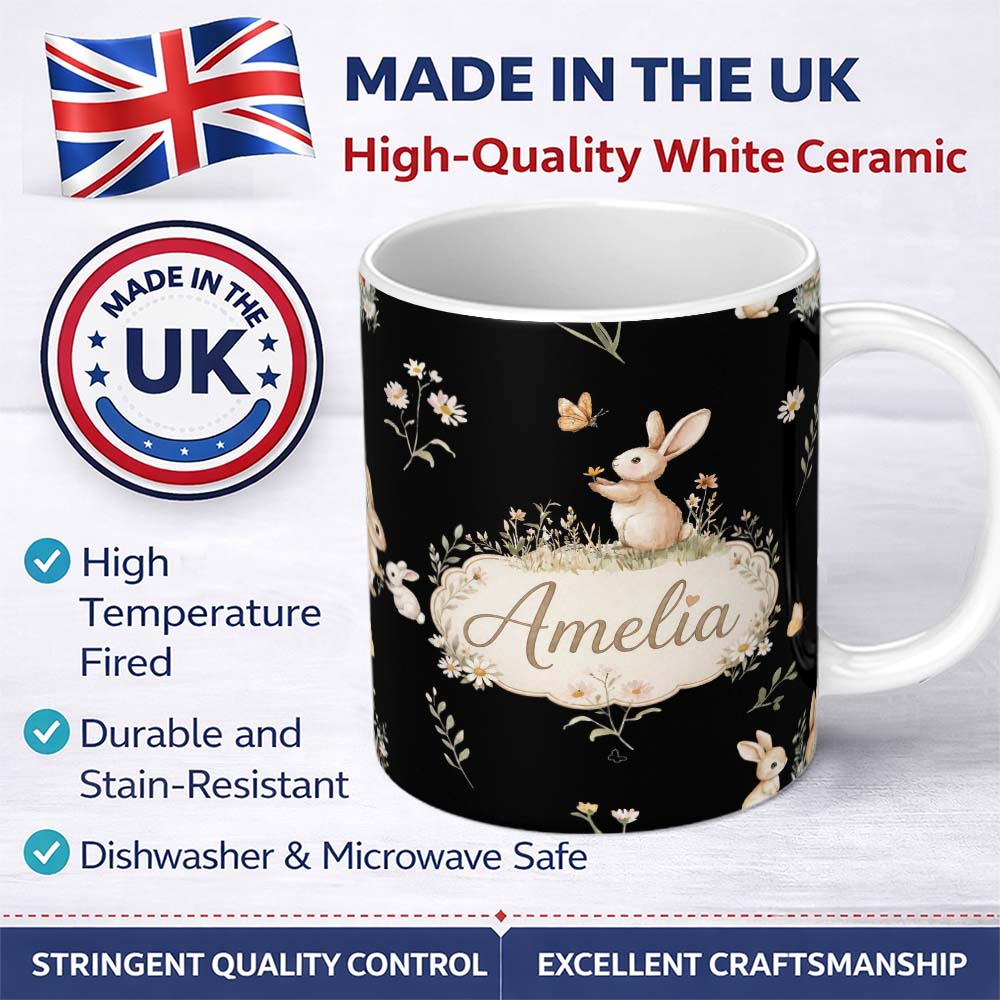 Personalized Custom Name Bunny Rabbits Flowers Butterflies Meadow Soft White Seamless 11oz Ceramic Coffee Tea Mug White Large Handle