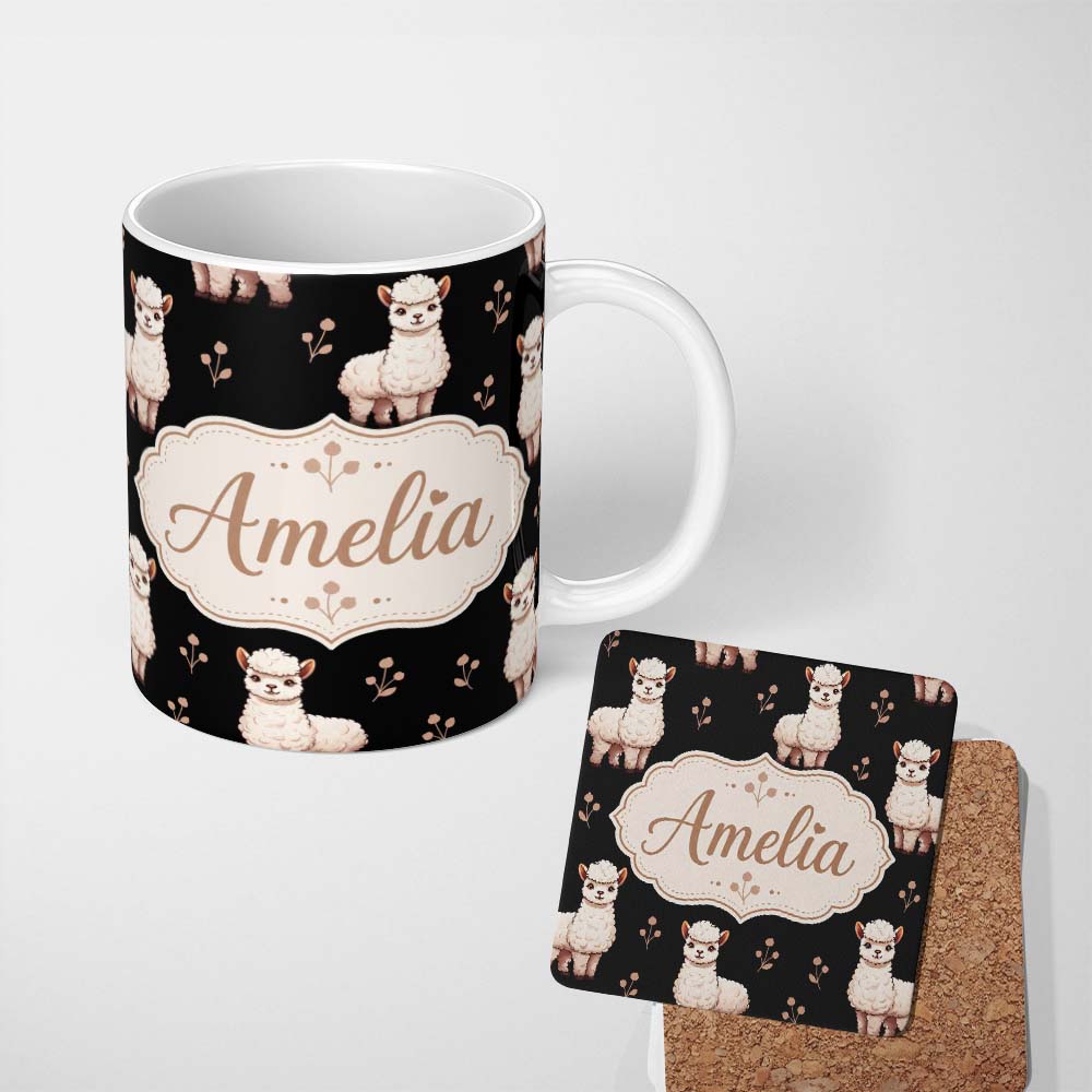 Personalized Custom Name Cute Alpaca Llama Pattern with Floral Sprigs on Black Background 11oz Ceramic Coffee Tea Mug White Large Handle