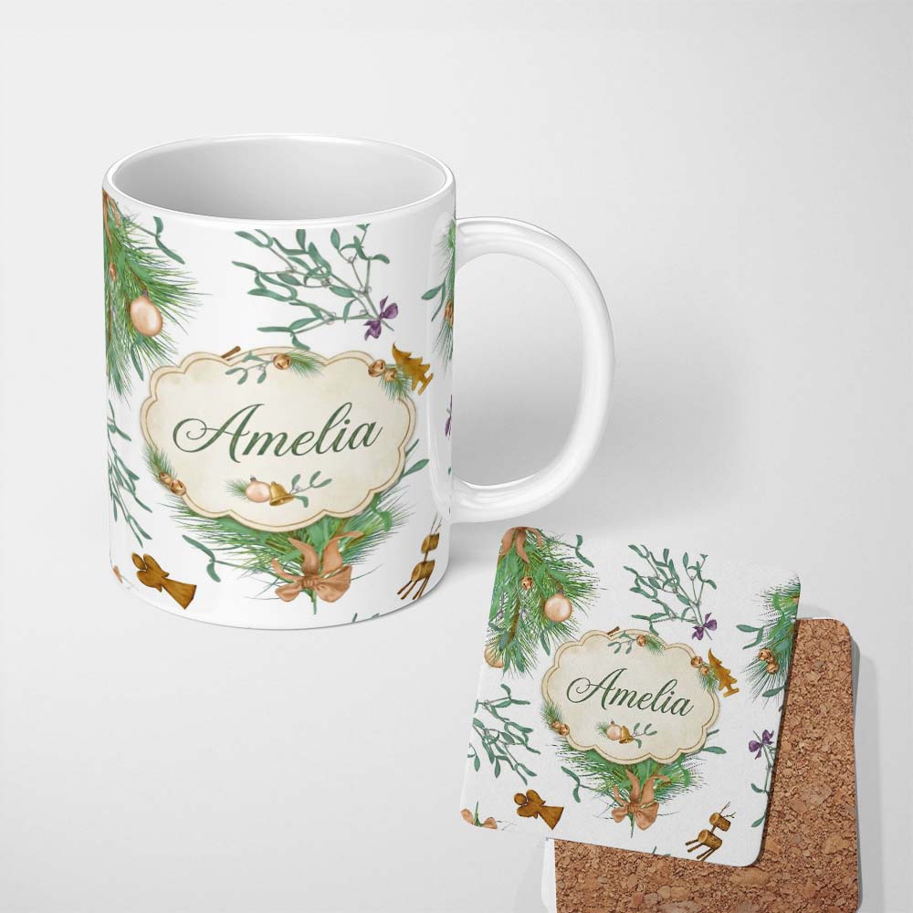 Personalized Custom Name Elegant Christmas Pine Branch Mistletoe Ornament Bells Seamless 11oz Ceramic Coffee Tea Mug White Large Handle