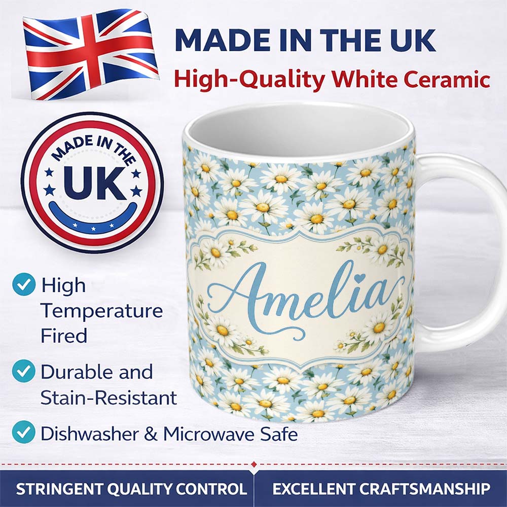 Personalized Custom Name Soft Blue Background White Daisy Floral Seamless Pattern Lovely 11oz Ceramic Coffee Tea Mug White Large Handle
