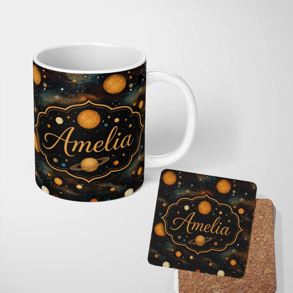 Personalized Custom Name Dark Golden Planets Galaxy Space Seamless Pattern Elegant Cosmic 11oz Ceramic Coffee Tea Mug White Large Handle