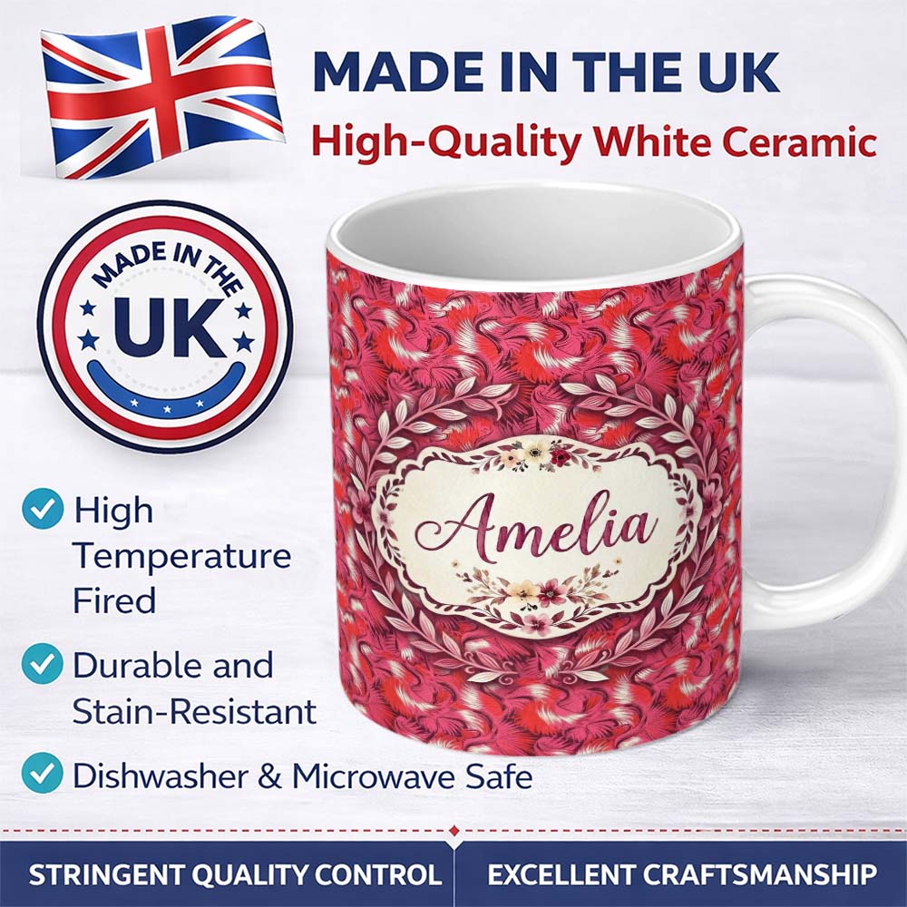 Personalized Custom Name Bold Red Flamingo Birds Tropical Pattern Seamless Design Lovely 11oz Ceramic Coffee Tea Mug White Large Handle