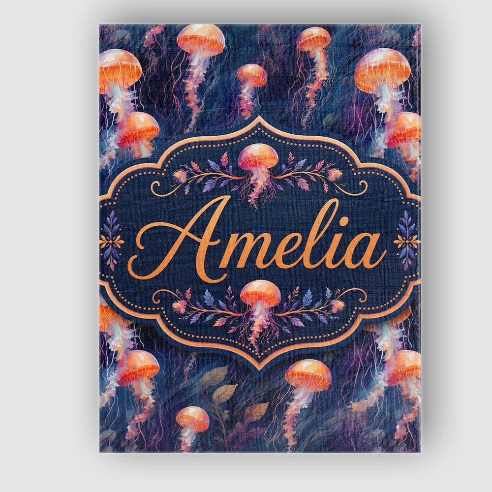 Personalised Name Orange Jellyfish Underwater Custom Unique Gift Idea Modern Room Accent Canvas Wall Art Print Decor Picture Ready to Hang