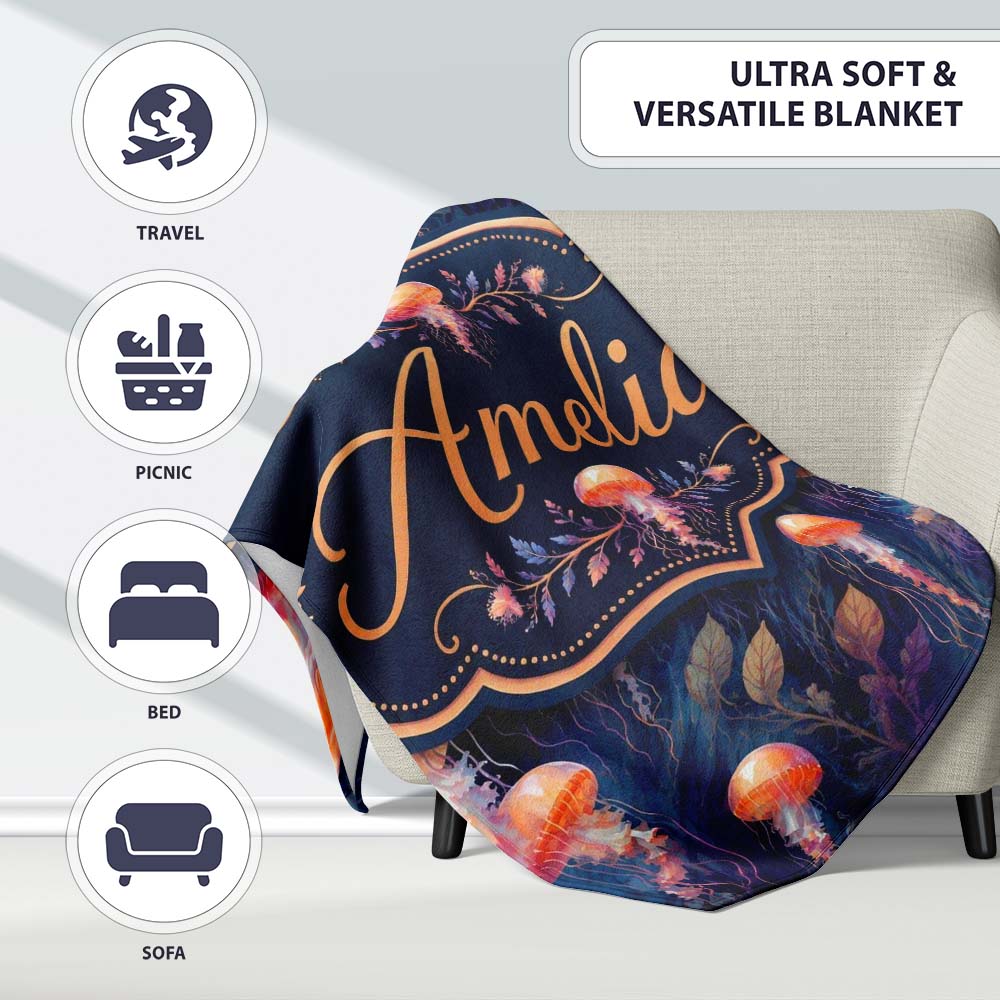 Orange Jellyfish Underwater Ocean on Dark Blue Background Lovely Personalised Custom Name Super Soft Fleece Blanket Bed Sofa Throw