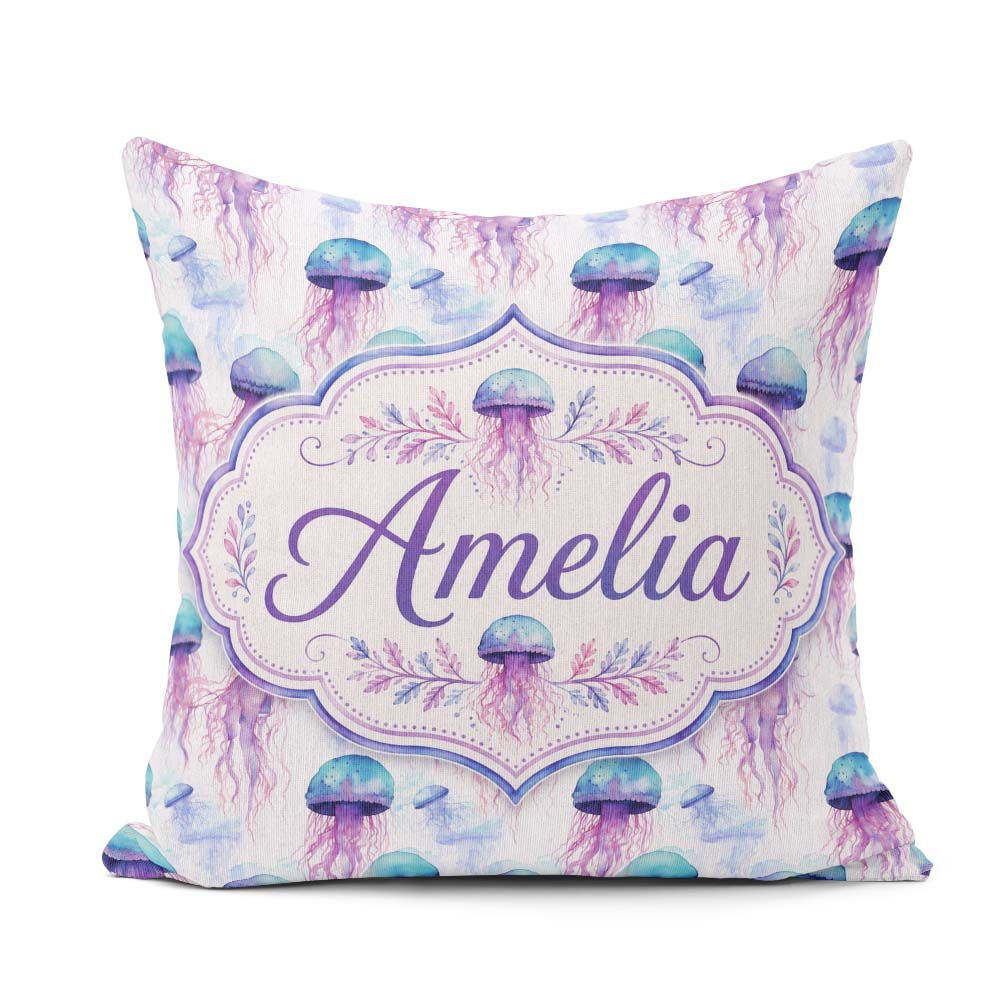 Custom Name Soft Pastel Jellyfish Floating Underwater Pattern on Square Filled Cushion Throw Pillow Sofa Bed Home Decor Zip Washable UK Made