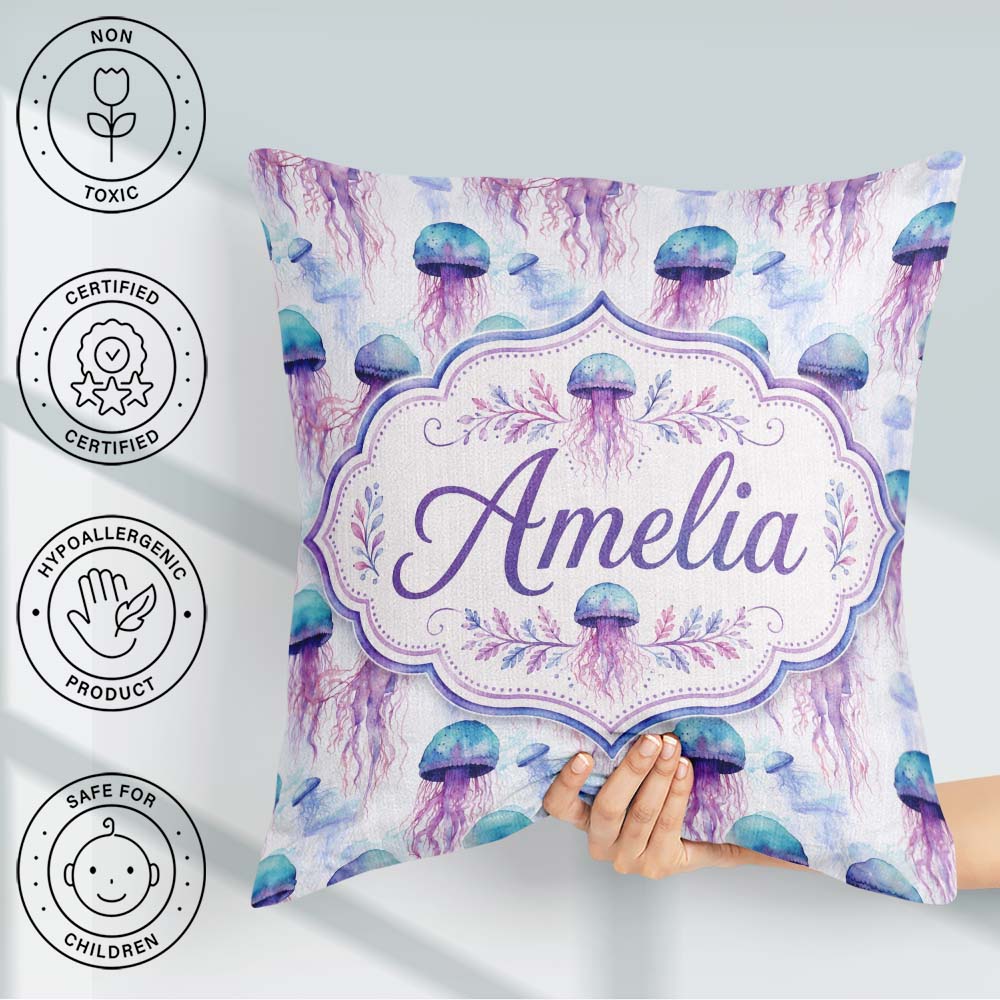 Custom Name Soft Pastel Jellyfish Floating Underwater Pattern on Square Filled Cushion Throw Pillow Sofa Bed Home Decor Zip Washable UK Made