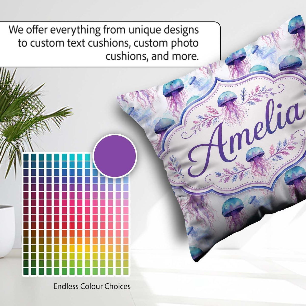 Custom Name Soft Pastel Jellyfish Floating Underwater Pattern on Square Filled Cushion Throw Pillow Sofa Bed Home Decor Zip Washable UK Made