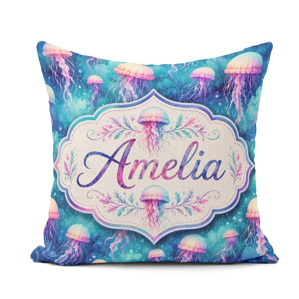 Custom Name Dreamy Pink Jellyfish Floating in Turquoise Seamless Square Filled Cushion Throw Pillow Sofa Bed Home Decor Zip Washable UK Made