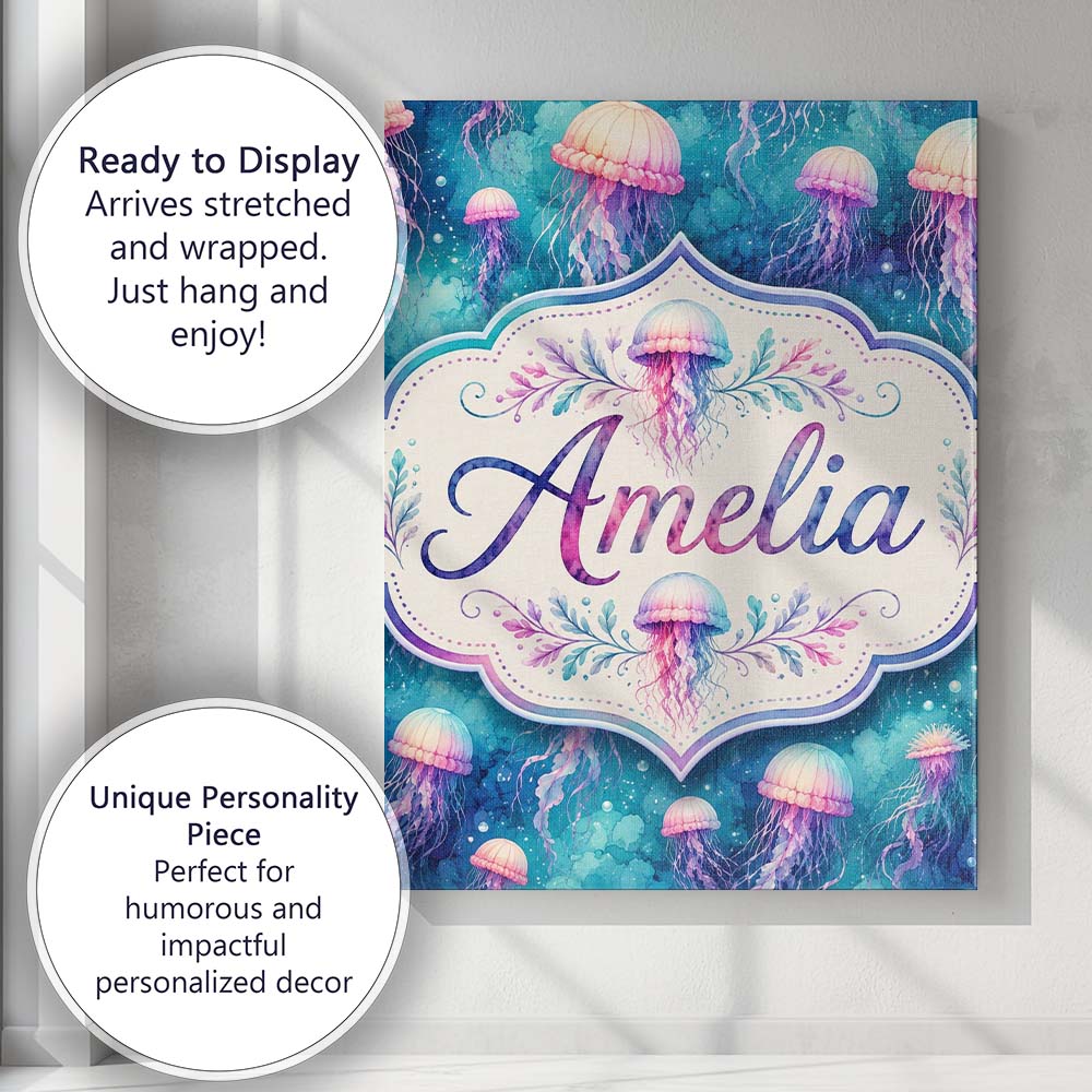 Personalised Name Dreamy Pink Jellyfish Custom Modern Room Accent Elegant Feature Canvas Wall Art Print Decor Picture Ready to Hang