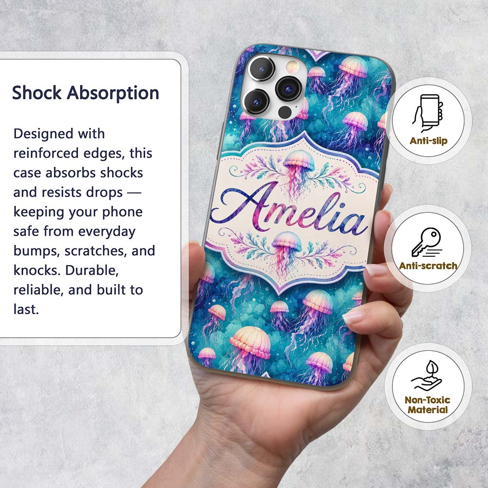 Dreamy Pink Jellyfish Floating in Turquoise Water Custom Name Protective Phone Case Mobile Cover Durable Everyday Smartphone Shock Resistant