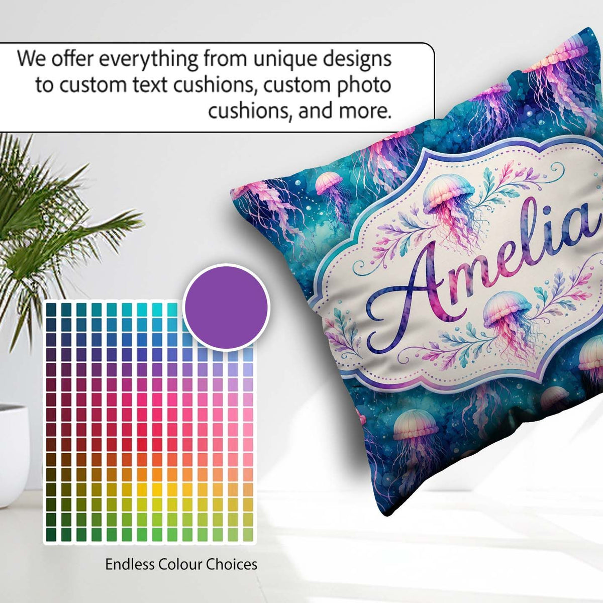 Custom Name Dreamy Pink Jellyfish Floating in Turquoise Seamless Square Filled Cushion Throw Pillow Sofa Bed Home Decor Zip Washable UK Made