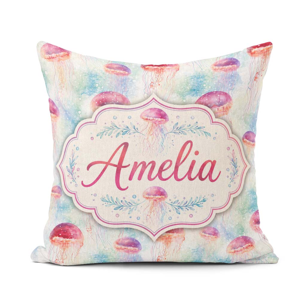 Custom Name Watercolor Red Jellyfish on Soft Blue Seamless Ocean Square Filled Cushion Throw Pillow Sofa Bed Home Decor Zip Washable UK Made