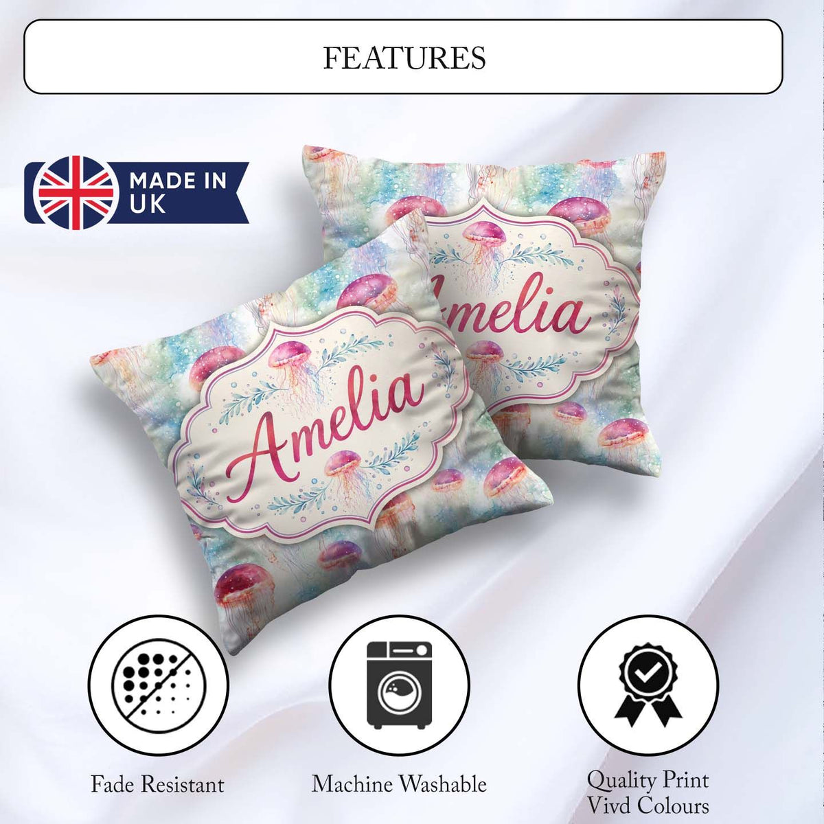 Custom Name Watercolor Red Jellyfish on Soft Blue Seamless Ocean Square Filled Cushion Throw Pillow Sofa Bed Home Decor Zip Washable UK Made