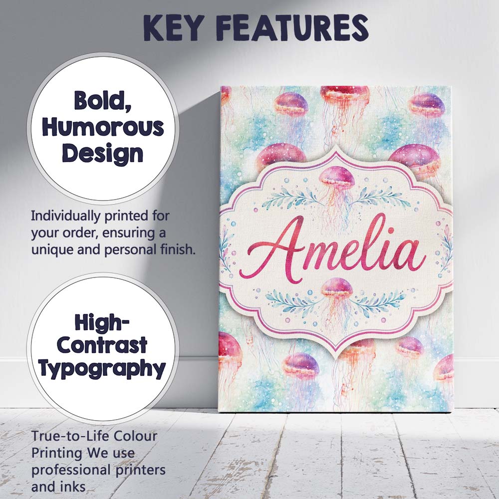 Personalised Name Watercolor Red Jellyfish Custom Unique Gift Idea Elegant Feature Canvas Wall Art Print Decor Picture Ready to Hang