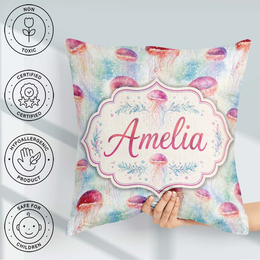 Custom Name Watercolor Red Jellyfish on Soft Blue Seamless Ocean Square Filled Cushion Throw Pillow Sofa Bed Home Decor Zip Washable UK Made
