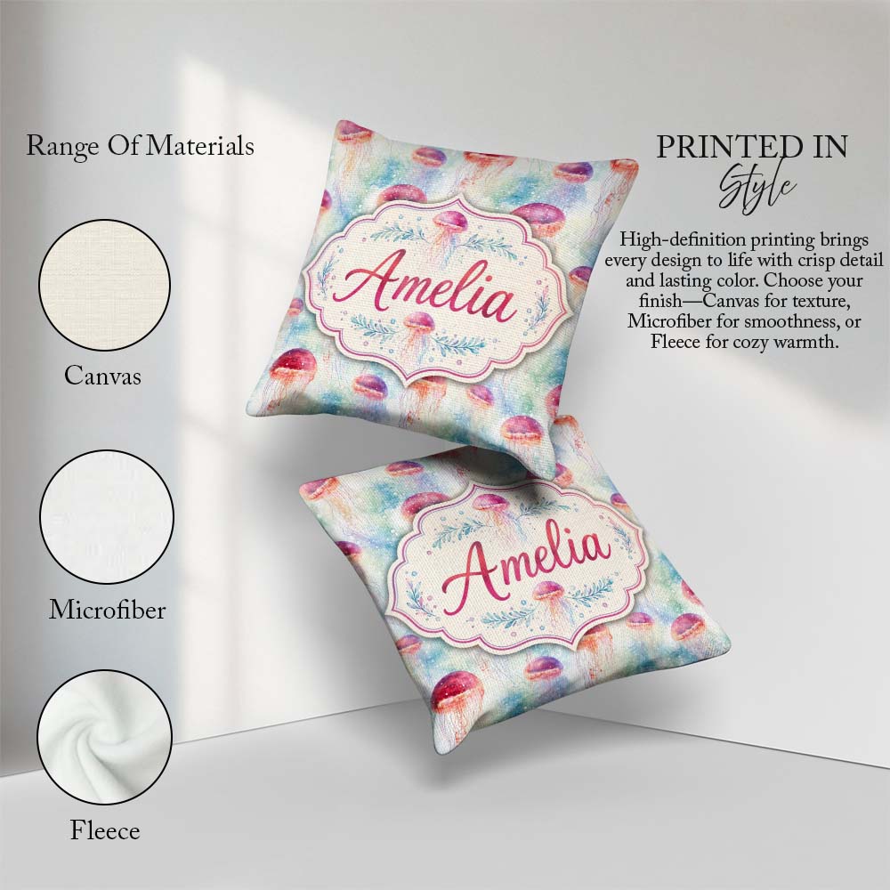 Custom Name Watercolor Red Jellyfish on Soft Blue Seamless Ocean Square Filled Cushion Throw Pillow Sofa Bed Home Decor Zip Washable UK Made