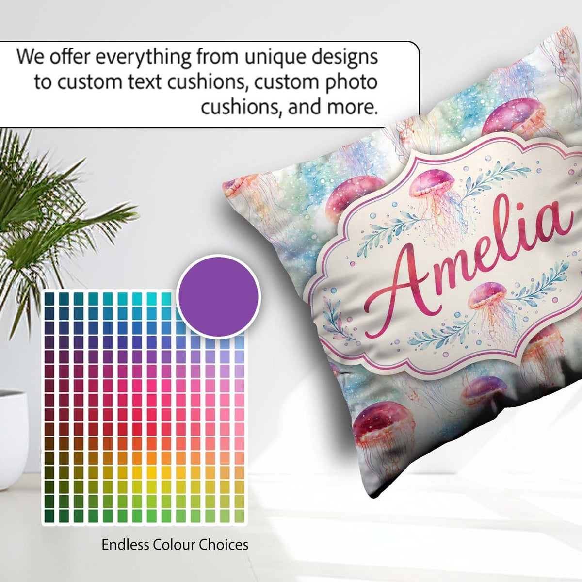 Custom Name Watercolor Red Jellyfish on Soft Blue Seamless Ocean Square Filled Cushion Throw Pillow Sofa Bed Home Decor Zip Washable UK Made