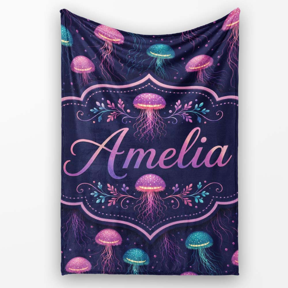 Jellyfish Floating on Deep Purple Ocean Background Marine Lovely Personalised Custom Name Super Soft Fleece Blanket Bed Sofa Throw