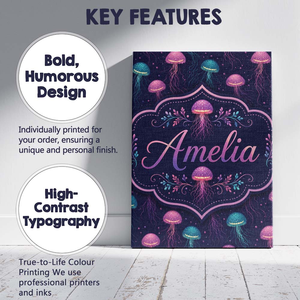 Personalised Name Jellyfish Floating on Custom Modern Room Accent Elegant Feature Canvas Wall Art Print Decor Picture Ready to Hang