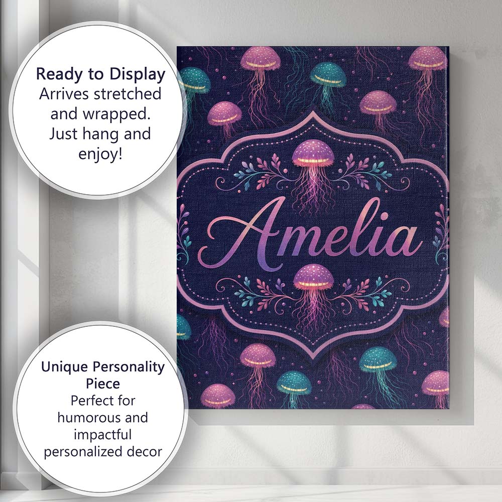 Personalised Name Jellyfish Floating on Custom Modern Room Accent Elegant Feature Canvas Wall Art Print Decor Picture Ready to Hang