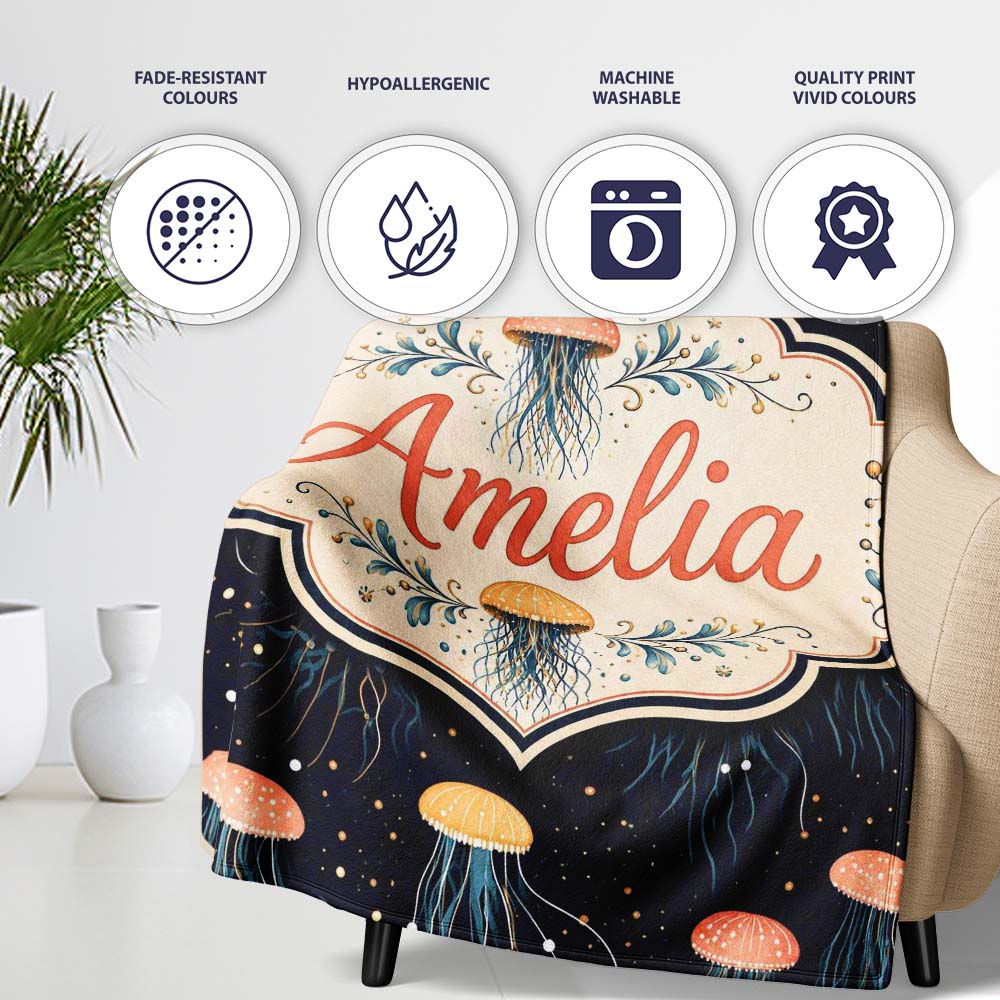 Jellyfish with Soft Orange and Blue Tones on Dark Background Lovely Personalised Custom Name Super Soft Fleece Blanket Bed Sofa Throw