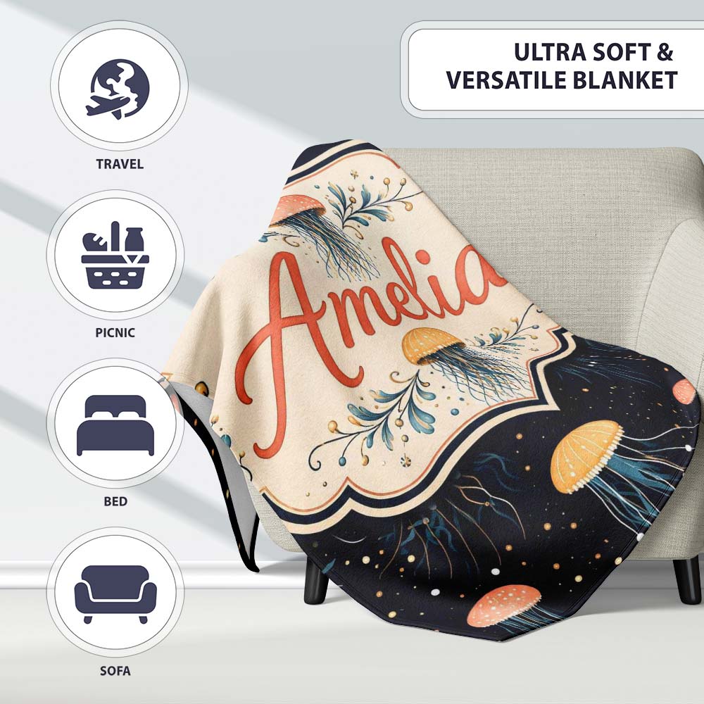 Jellyfish with Soft Orange and Blue Tones on Dark Background Lovely Personalised Custom Name Super Soft Fleece Blanket Bed Sofa Throw