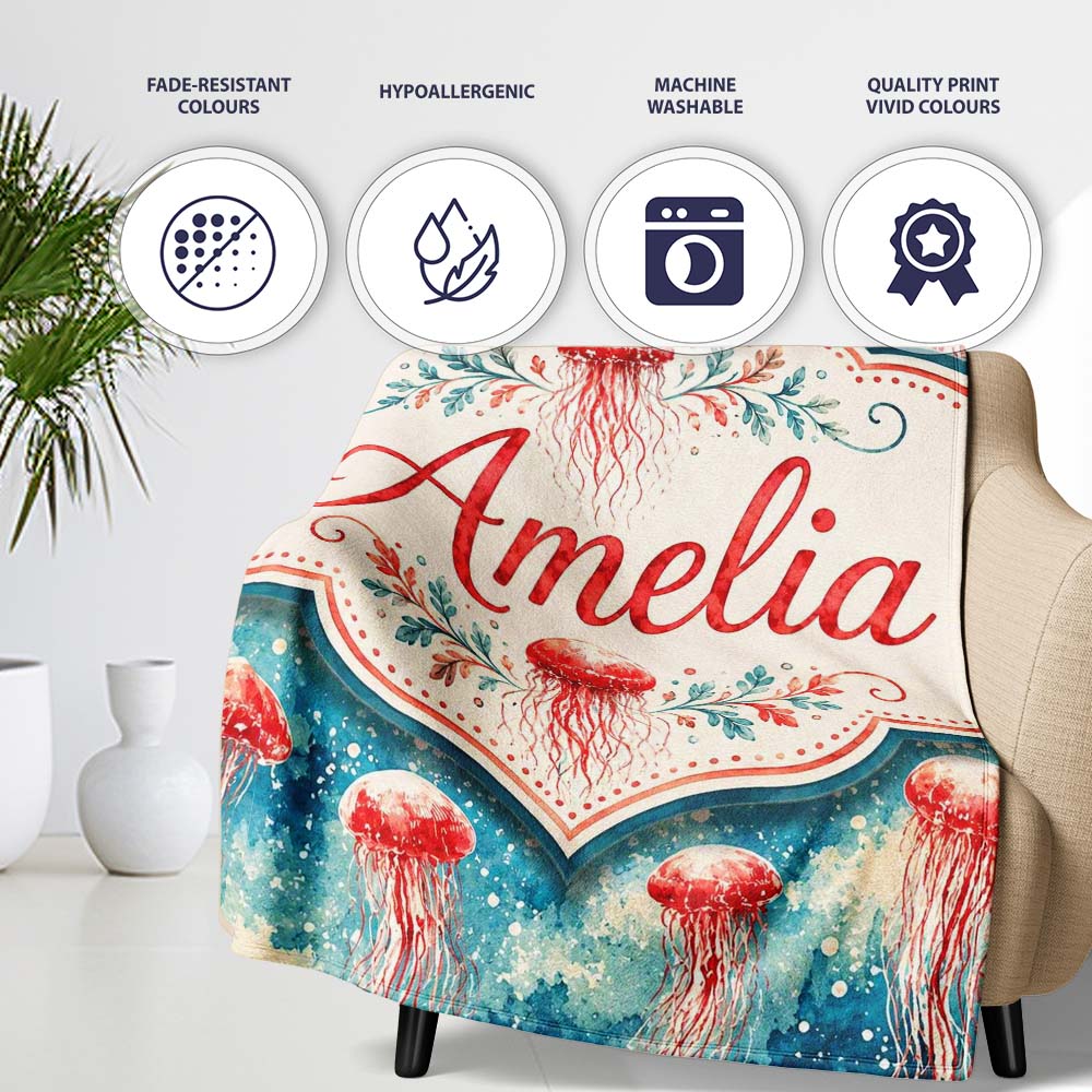 Watercolor Red Jellyfish on Ocean Blue Background Seamless Artistic Personalised Custom Name Super Soft Fleece Blanket Bed Sofa Throw