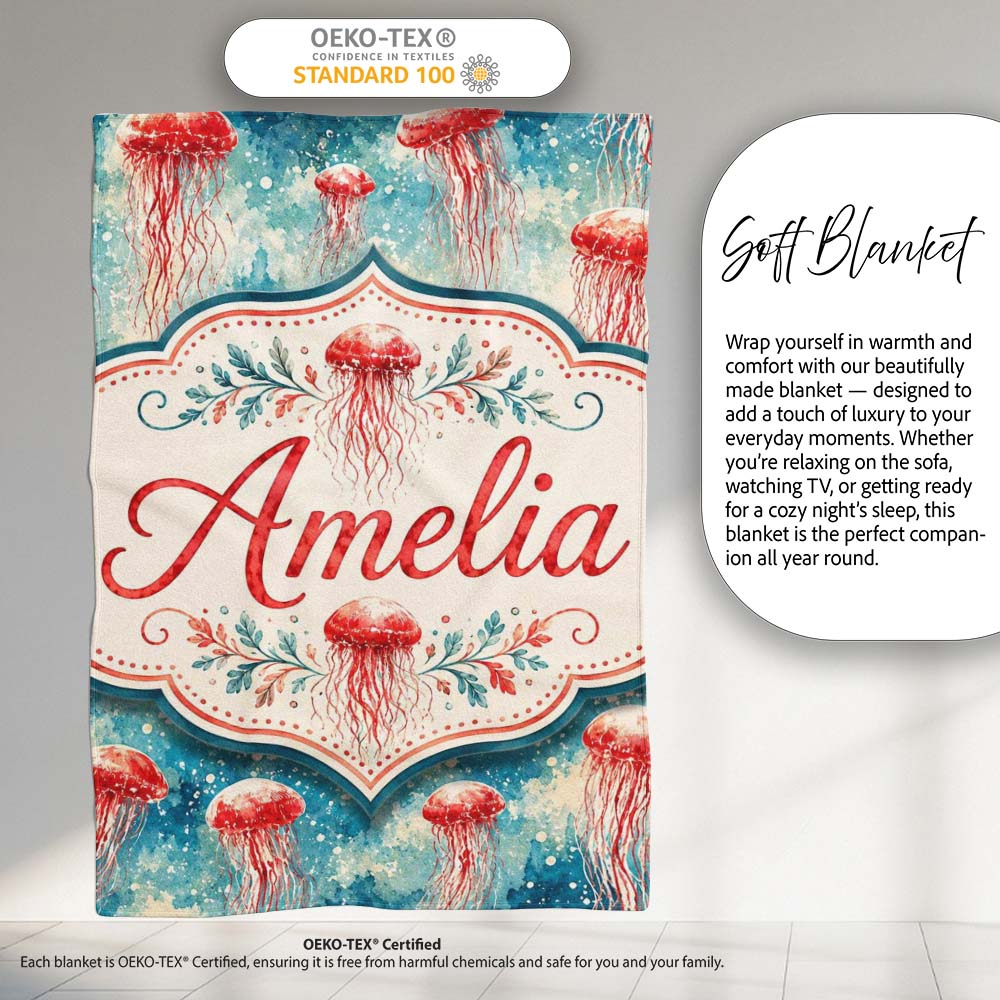 Watercolor Red Jellyfish on Ocean Blue Background Seamless Artistic Personalised Custom Name Super Soft Fleece Blanket Bed Sofa Throw