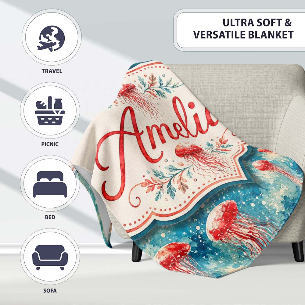 Watercolor Red Jellyfish on Ocean Blue Background Seamless Artistic Personalised Custom Name Super Soft Fleece Blanket Bed Sofa Throw
