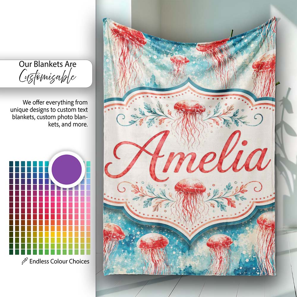 Watercolor Red Jellyfish on Ocean Blue Background Seamless Artistic Personalised Custom Name Super Soft Fleece Blanket Bed Sofa Throw