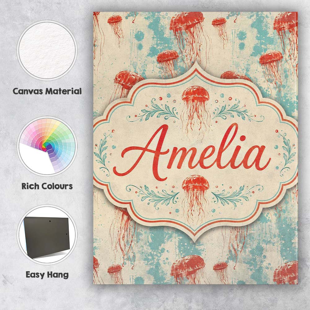 Personalised Name Red Jellyfish Illustration Custom Bespoke Contemporary Display Canvas Wall Art Print Decor Picture Ready to Hang