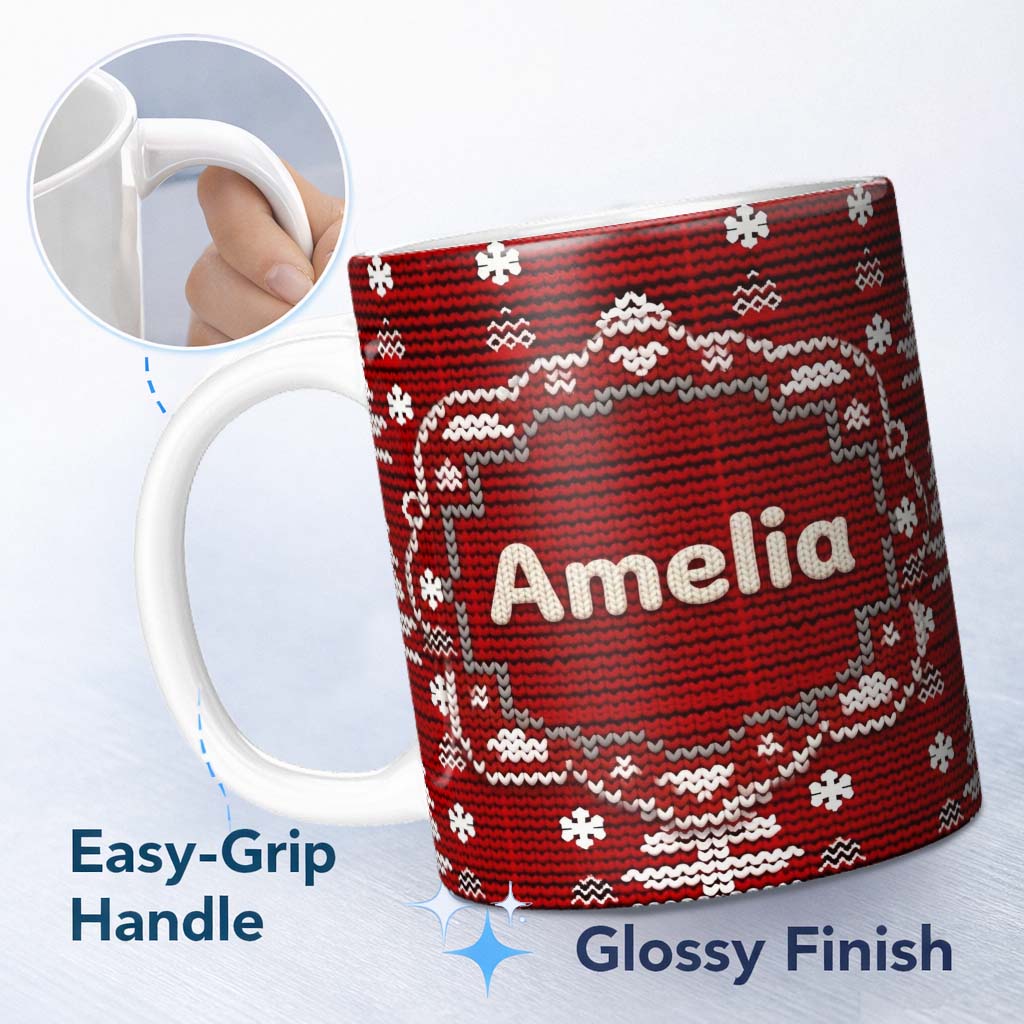 Personalized Custom Name Traditional Red White Christmas Tree Knit Seamless Pattern Lovely 11oz Ceramic Coffee Tea Mug White Large Handle
