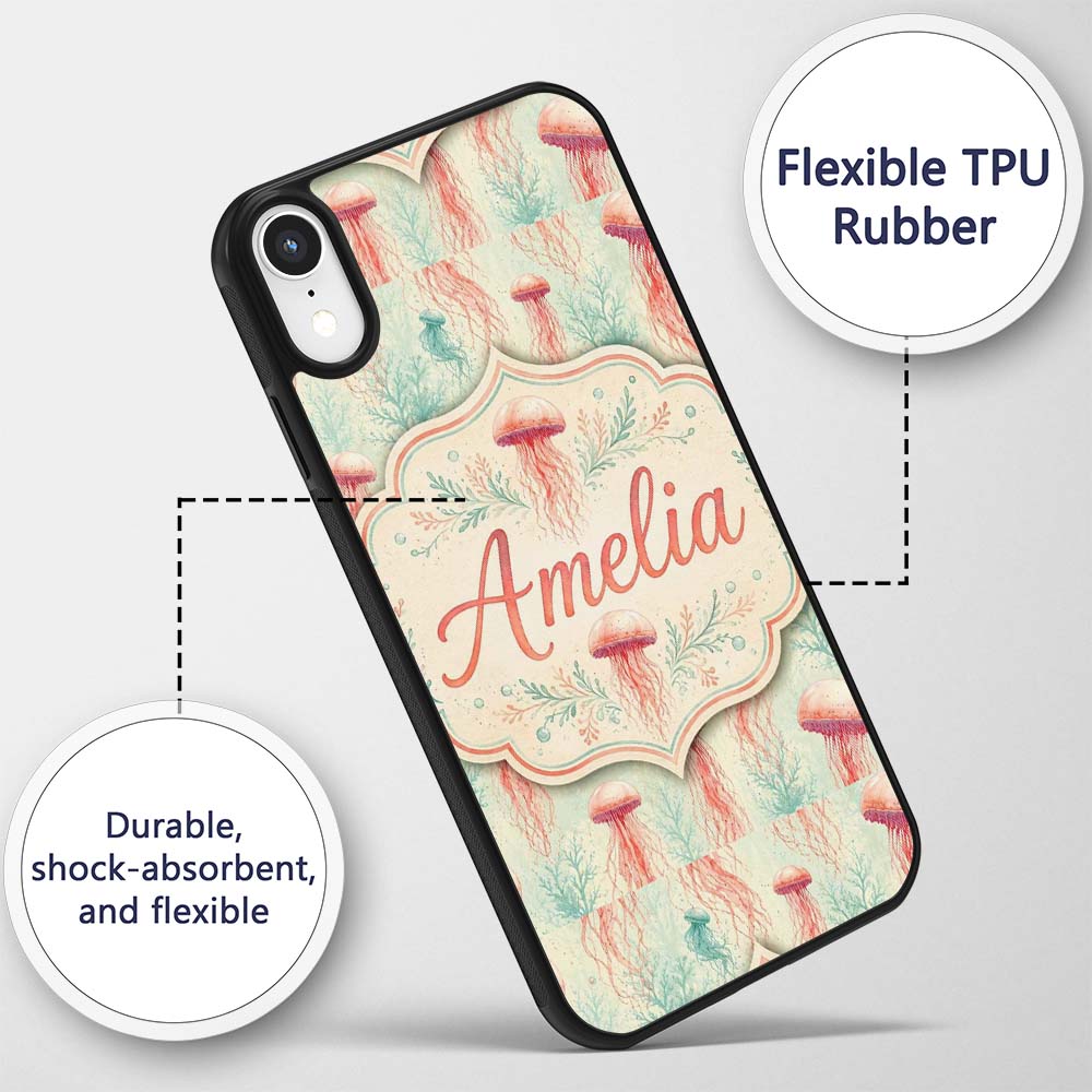 Cute Orange Jellyfish Cartoon Pattern on Deep Sea Custom Name Protective Phone Case Mobile Cover Durable Everyday Smartphone Shock Resistant