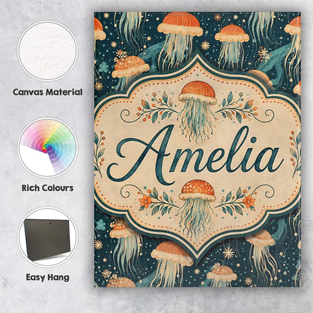 Personalised Name Jellyfish with Flowing Custom Unique Gift Idea Elegant Feature Canvas Wall Art Print Decor Picture Ready to Hang