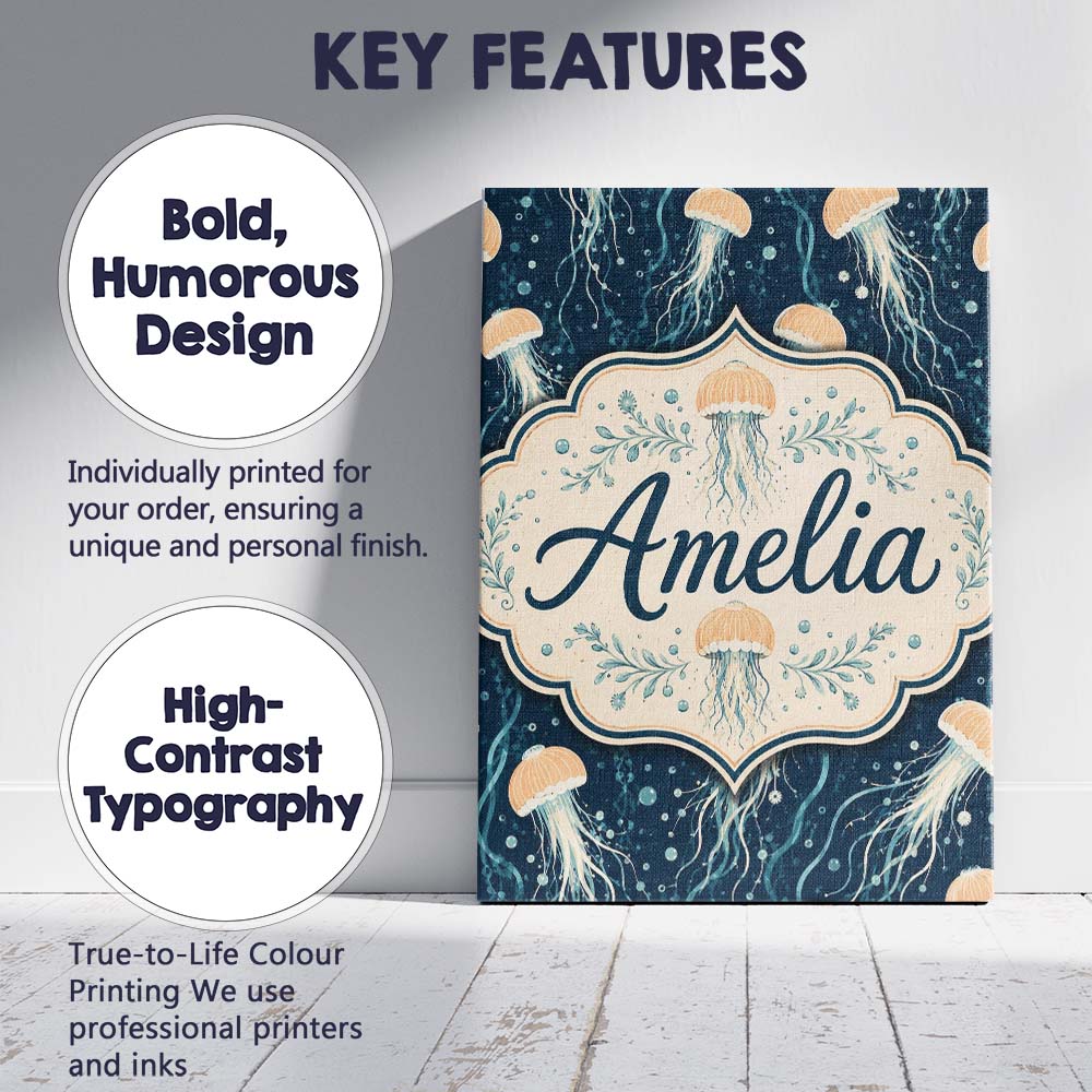Personalised Name Soft Coral Jellyfish on Custom Unique Gift Idea Elegant Feature Canvas Wall Art Print Decor Picture Ready to Hang
