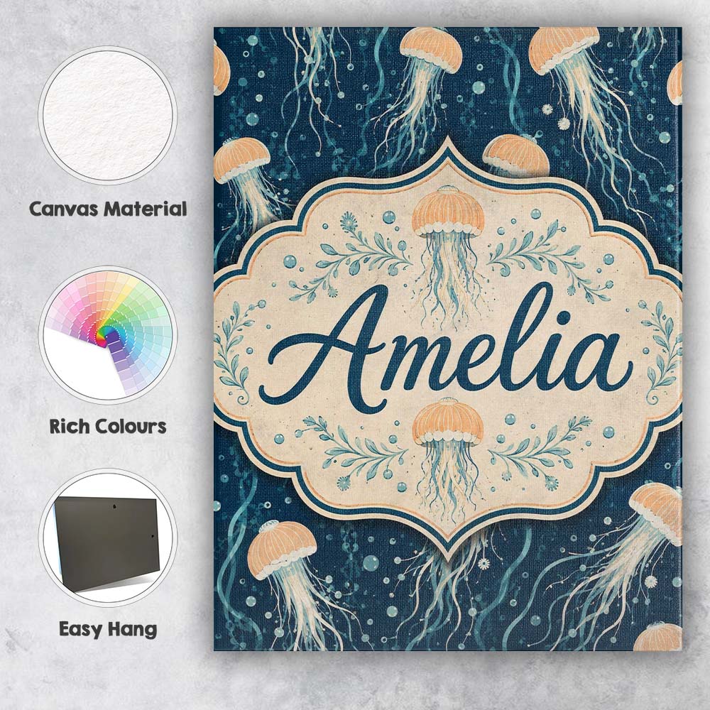 Personalised Name Soft Coral Jellyfish on Custom Unique Gift Idea Elegant Feature Canvas Wall Art Print Decor Picture Ready to Hang
